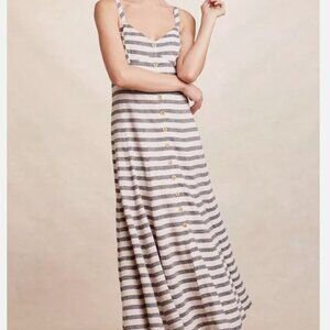 NEW! 2P Anthropologie Maeve Striped Linen Blend Maxi Dress Front Button Closure